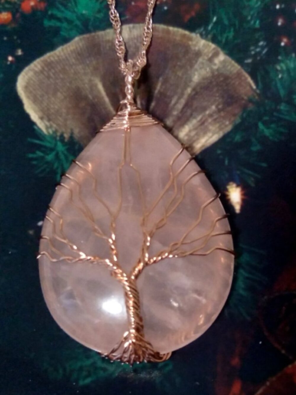 Handcrafted Teardrop Rose Quartz Tree of Life Wire Wrapped Pendant Necklace